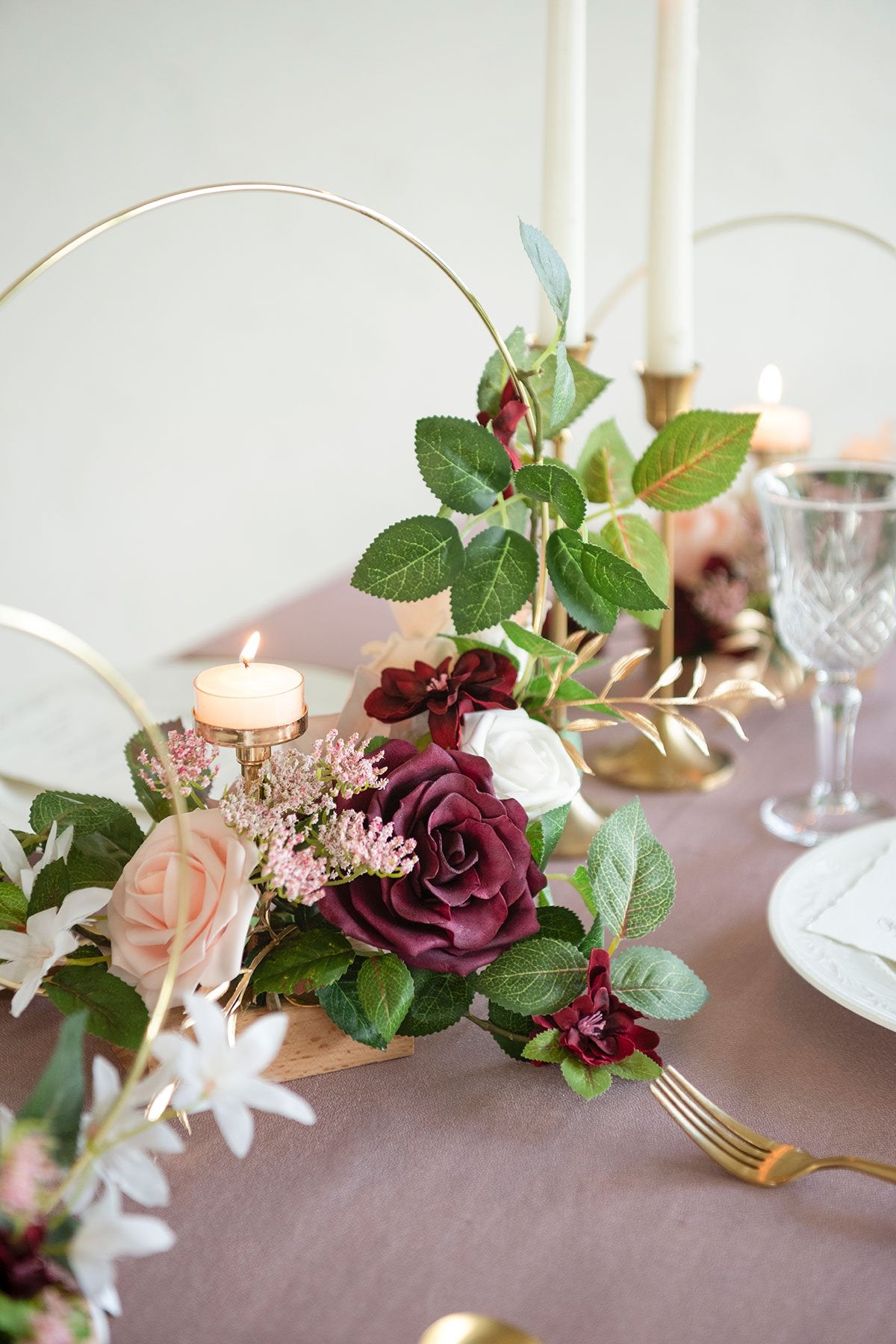 Floral Centerpieces with Candle Holder (Set of 3) - Marsala & Dusty Rose - lingsDev