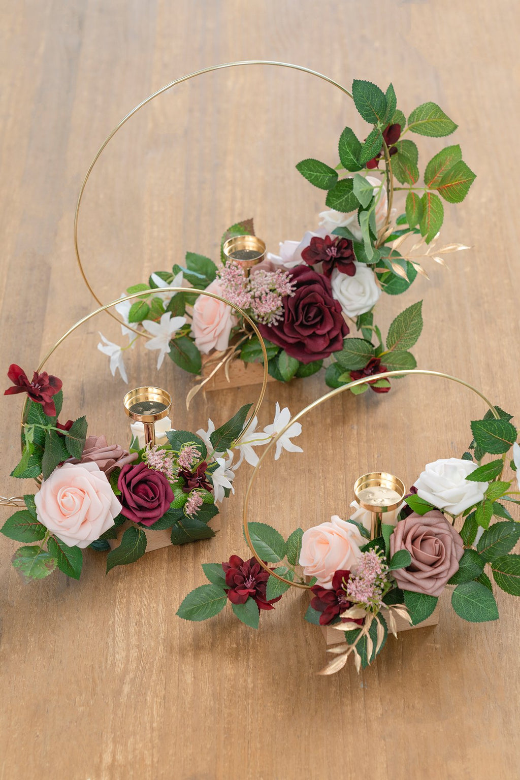 Floral Centerpieces with Candle Holder (Set of 3) - Marsala & Dusty Rose - lingsDev