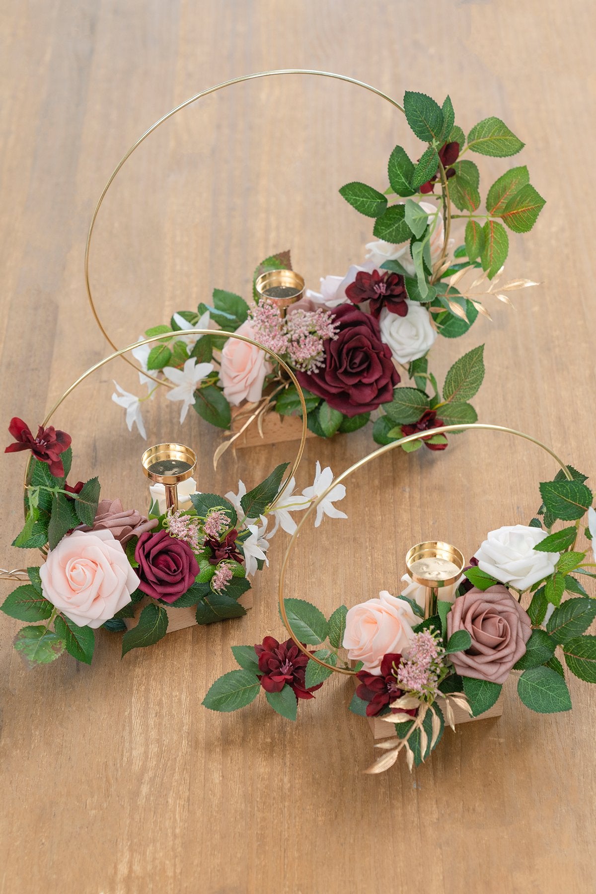 Floral Centerpieces with Candle Holder (Set of 3) - Marsala & Dusty Rose - lingsDev