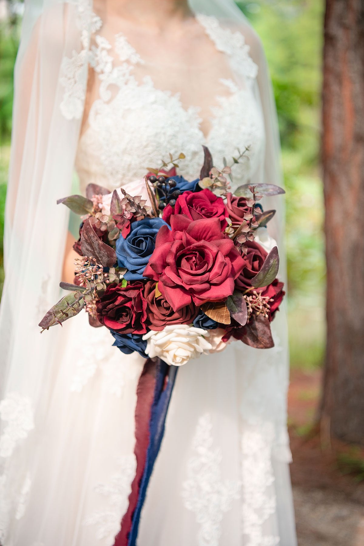 7"/9" Bridesmaid Bouquet - Burgundy & Navy Blue - lingsDev