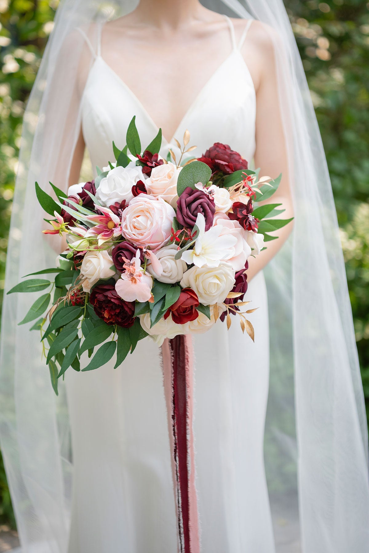 Standard Round Bridal Bouquets in Romantic Marsala