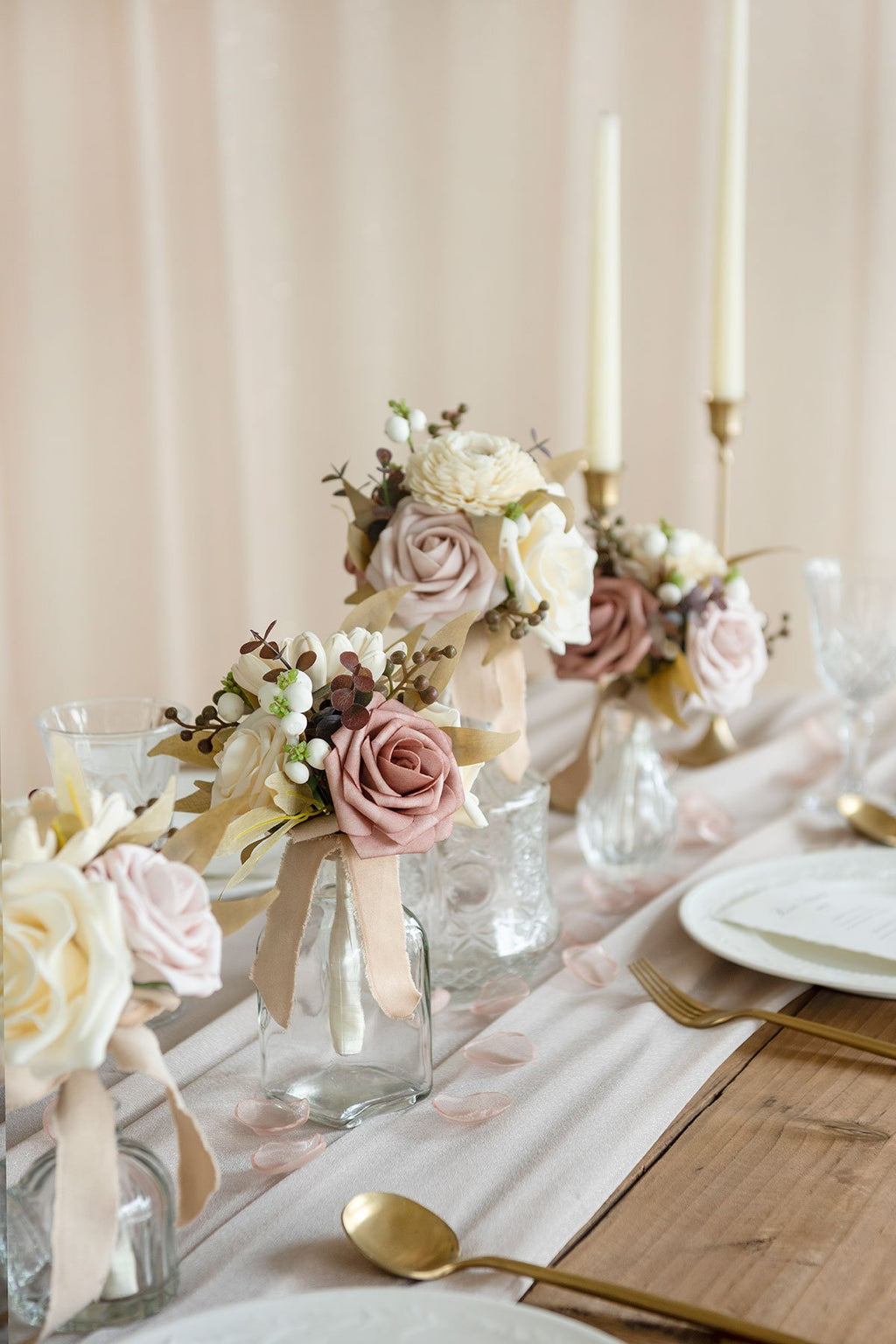 Centerpiece Mini Flower Bouquets (Set of 6) - Neutral Dusty Rose - lingsDev