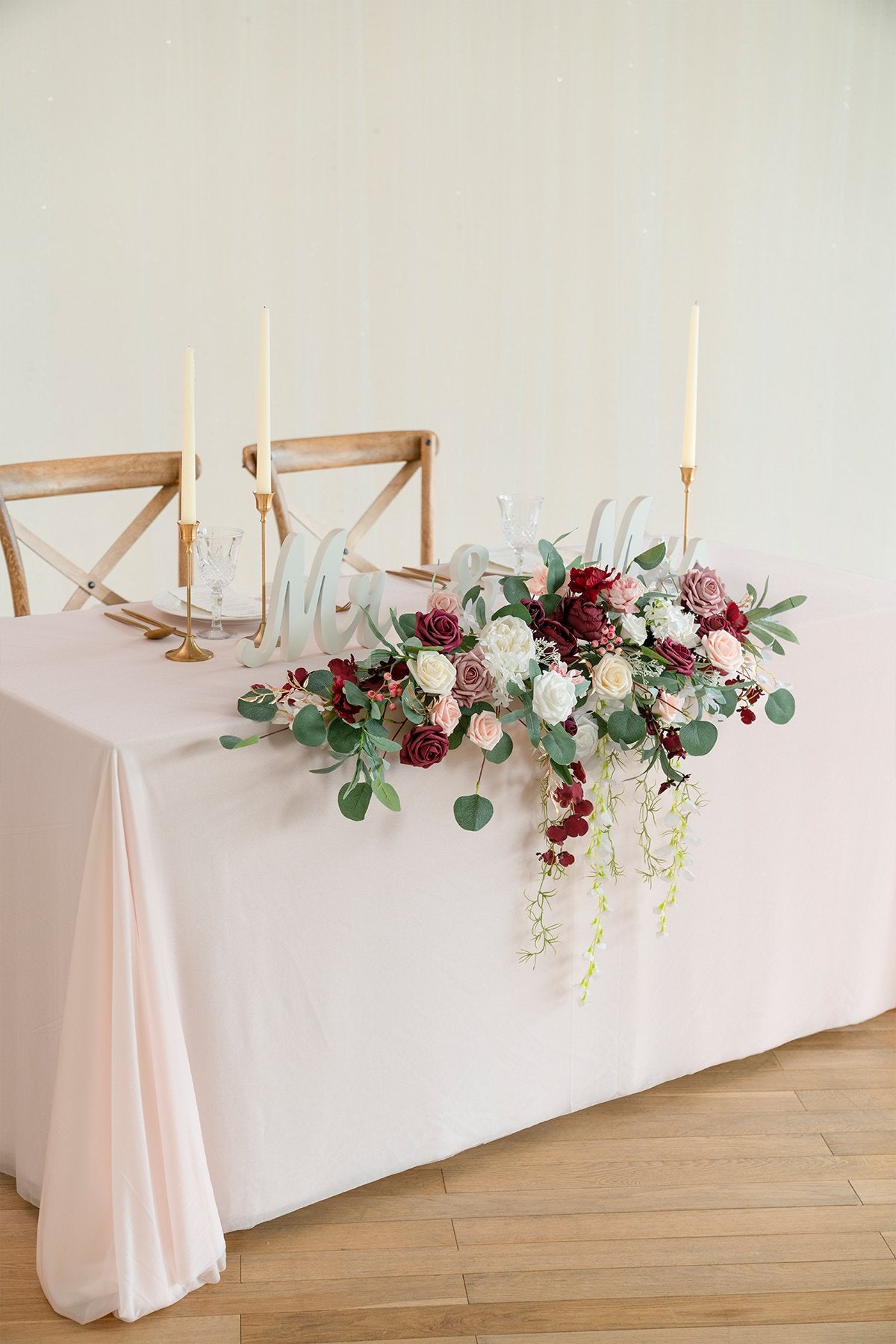 Flower Swag and Tablecloth for Sweetheart Table - Burgundy - lingsDev
