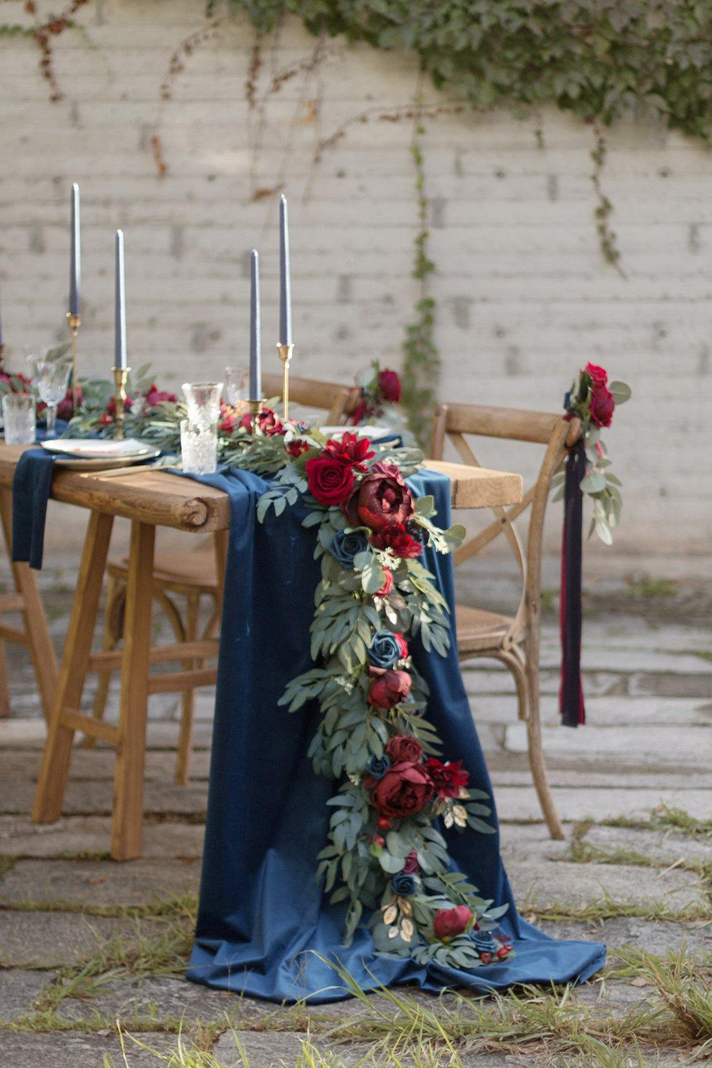 Eucalyptus and Willow Leaf Flower Garland 6.5FT - Burgundy & Navy Blue - lingsDev