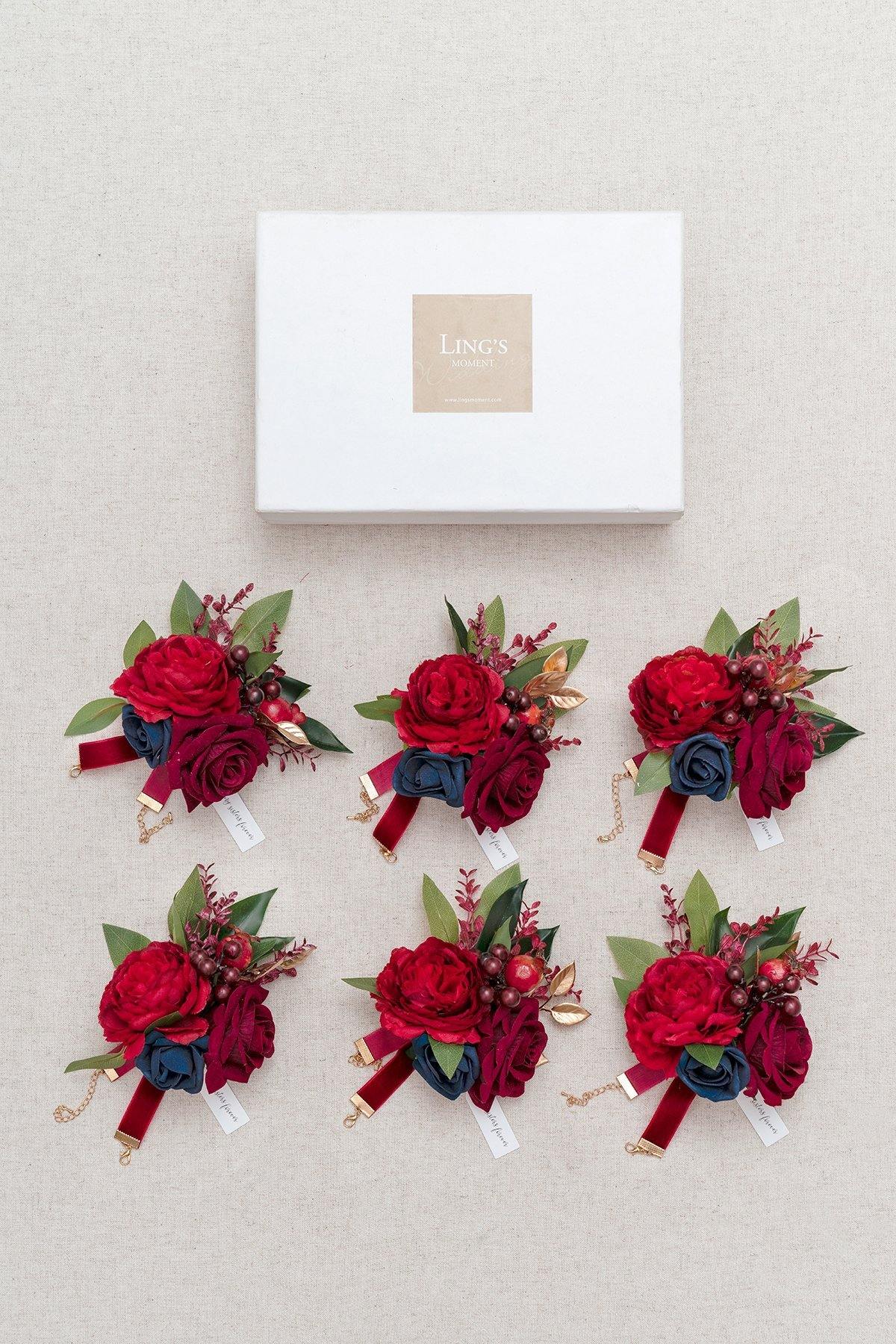 Wrist Corsages (Set of 6) - Burgundy & Navy Blue - lingsDev