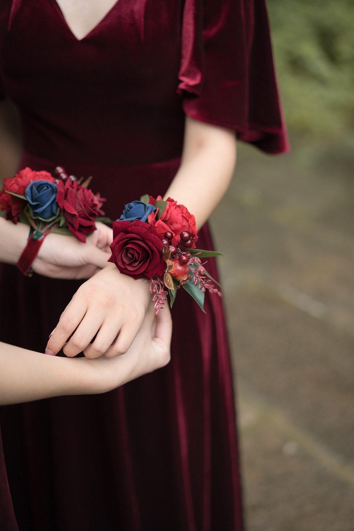 Wrist Corsages (Set of 6) - Burgundy & Navy Blue - lingsDev