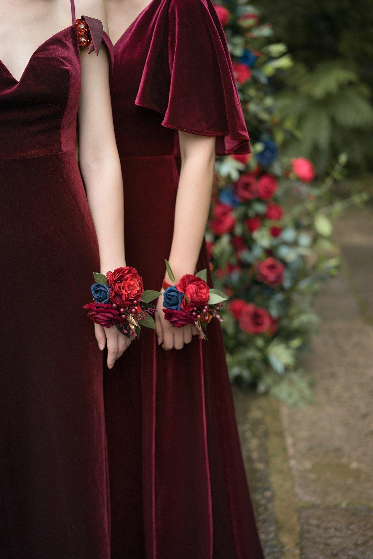 Wrist Corsages (Set of 6) - Burgundy & Navy Blue - lingsDev
