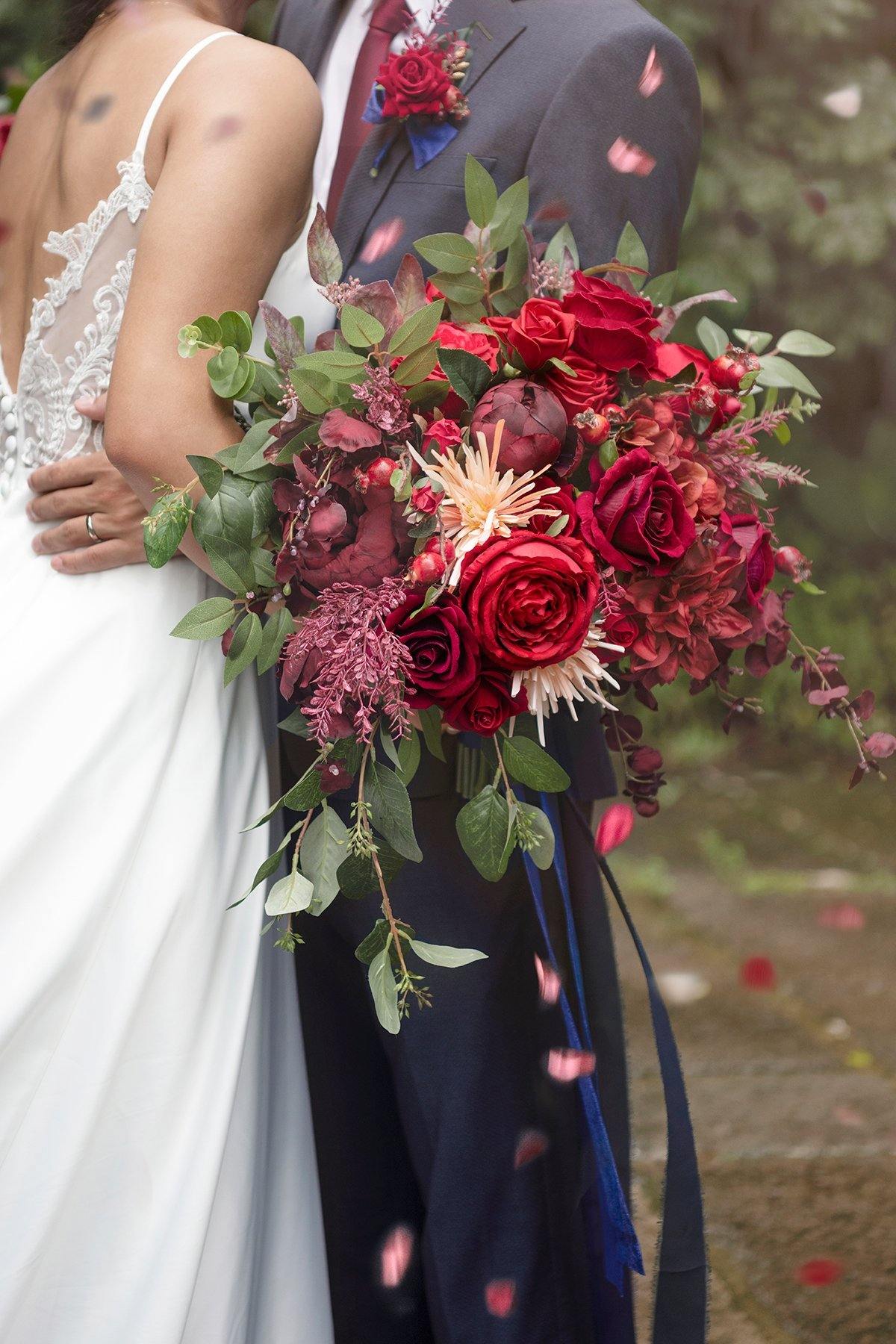 17'' Bridal Bouquet - Burgundy and Navy Blue - lingsDev