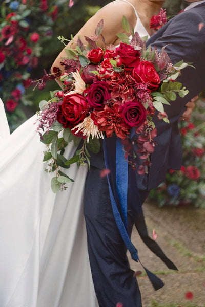 17'' Bridal Bouquet - Burgundy and Navy Blue - lingsDev