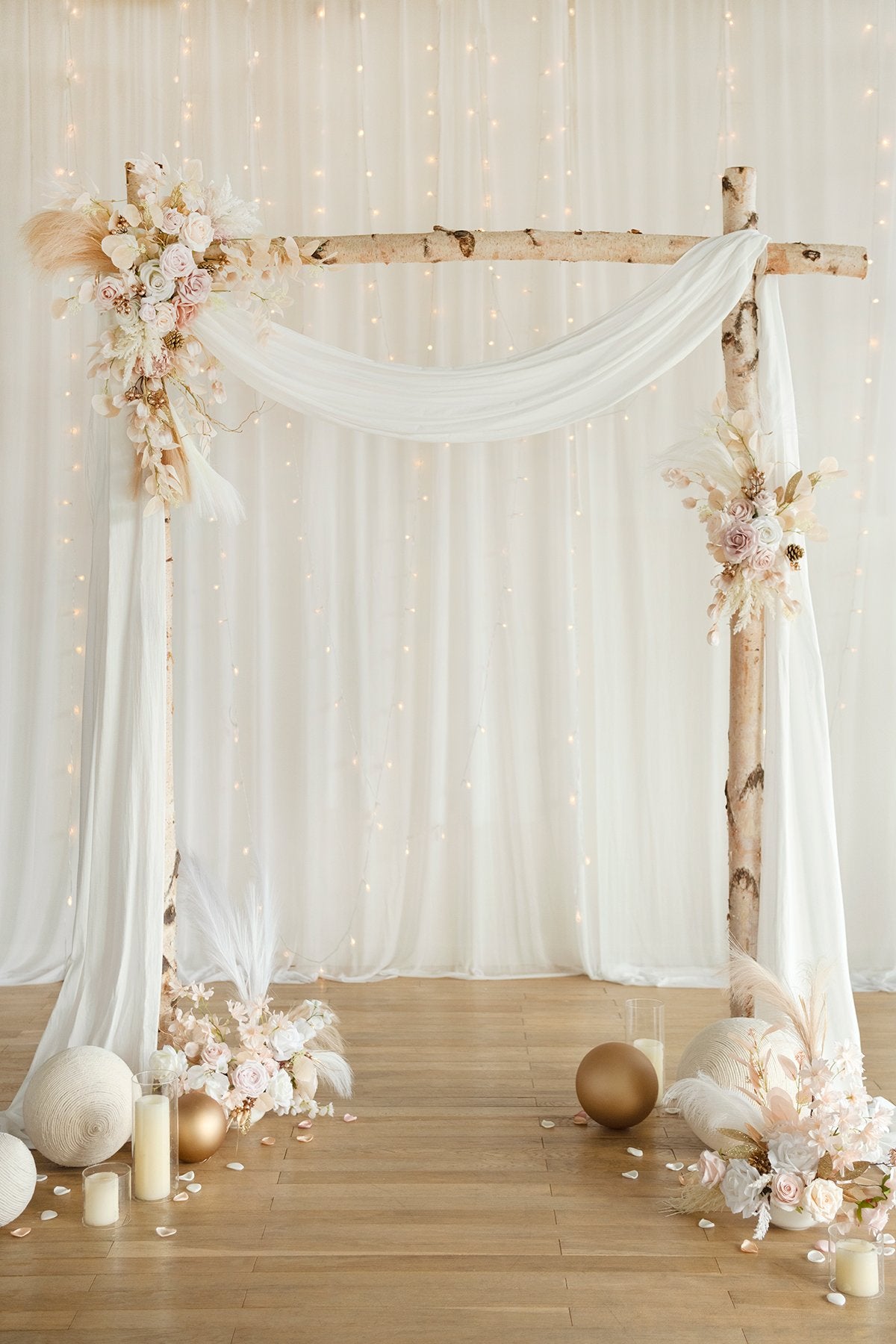 Flower Arch Décor with Cotton Drape (Set of 2) - White & Beige - lingsDev