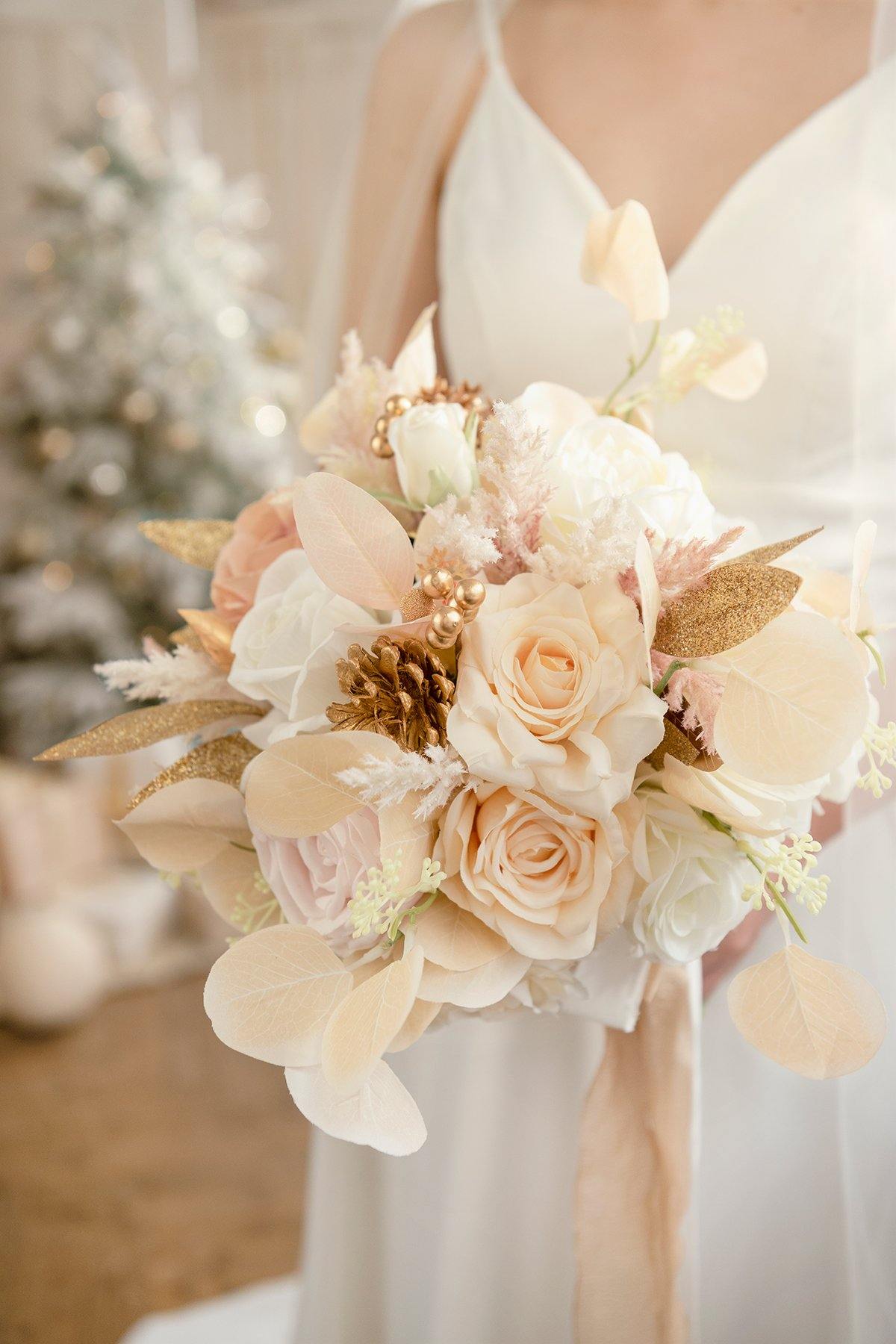 11"/17" Bridal Bouquet - White & Beige - lingsDev