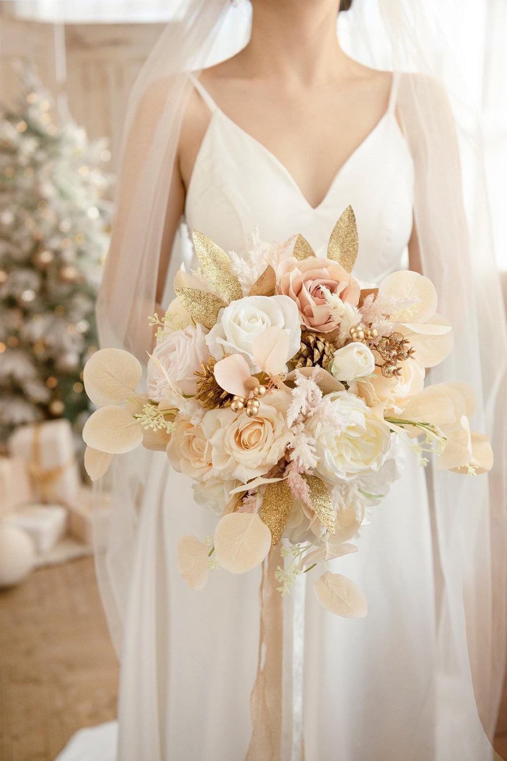 11"/17" Bridal Bouquet - White & Beige - lingsDev