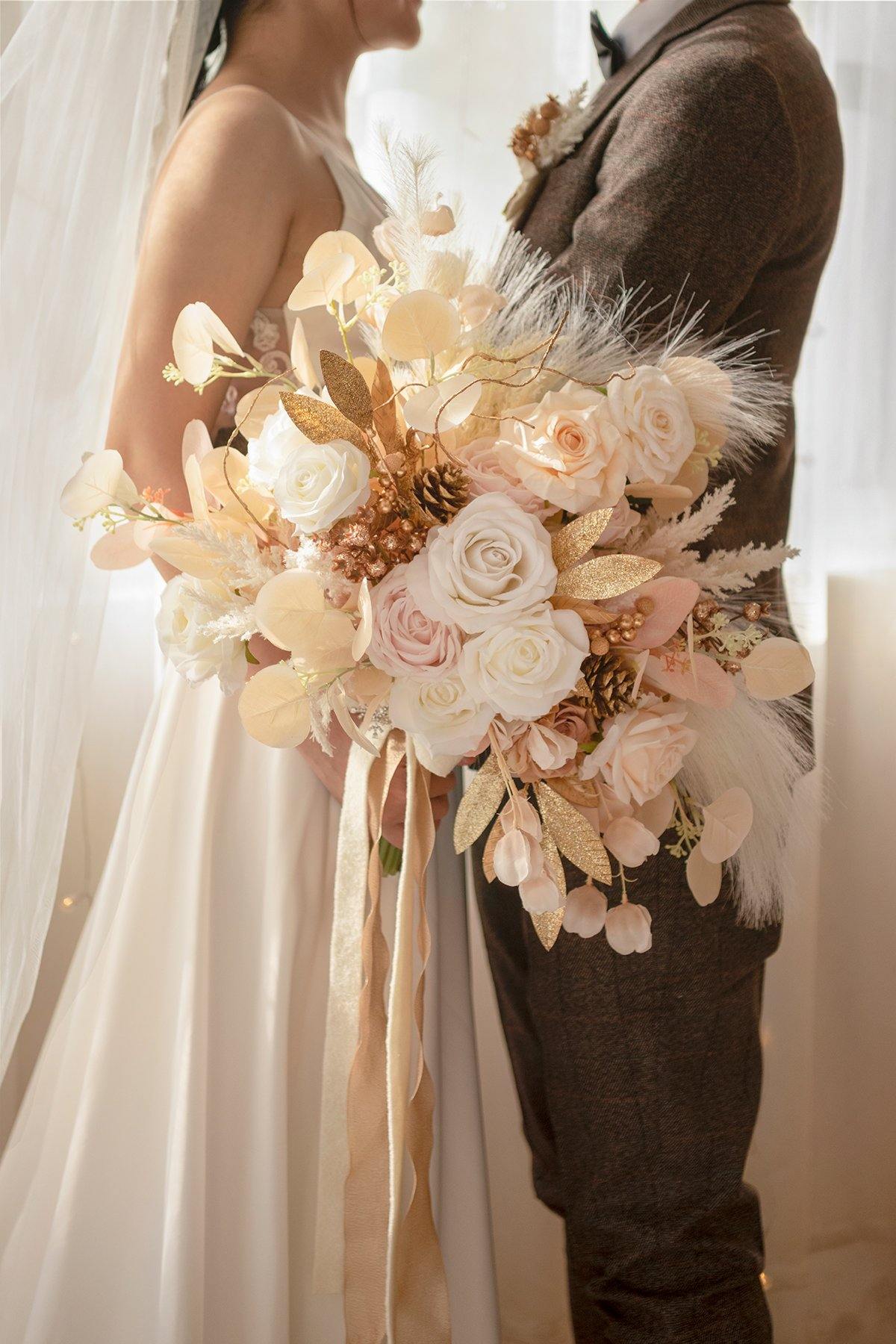 11"/17" Bridal Bouquet - White & Beige - lingsDev