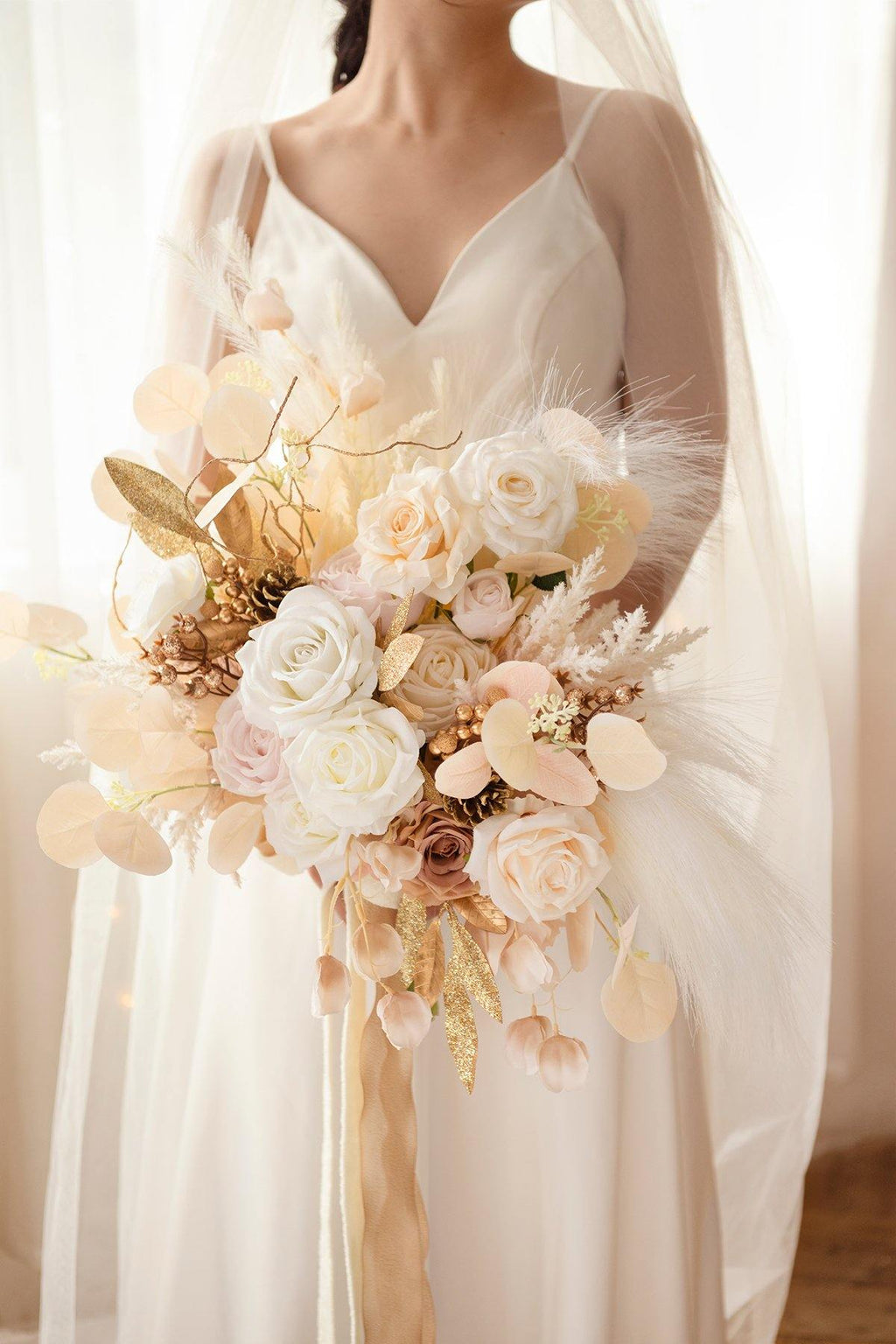 11"/17" Bridal Bouquet - White & Beige - lingsDev