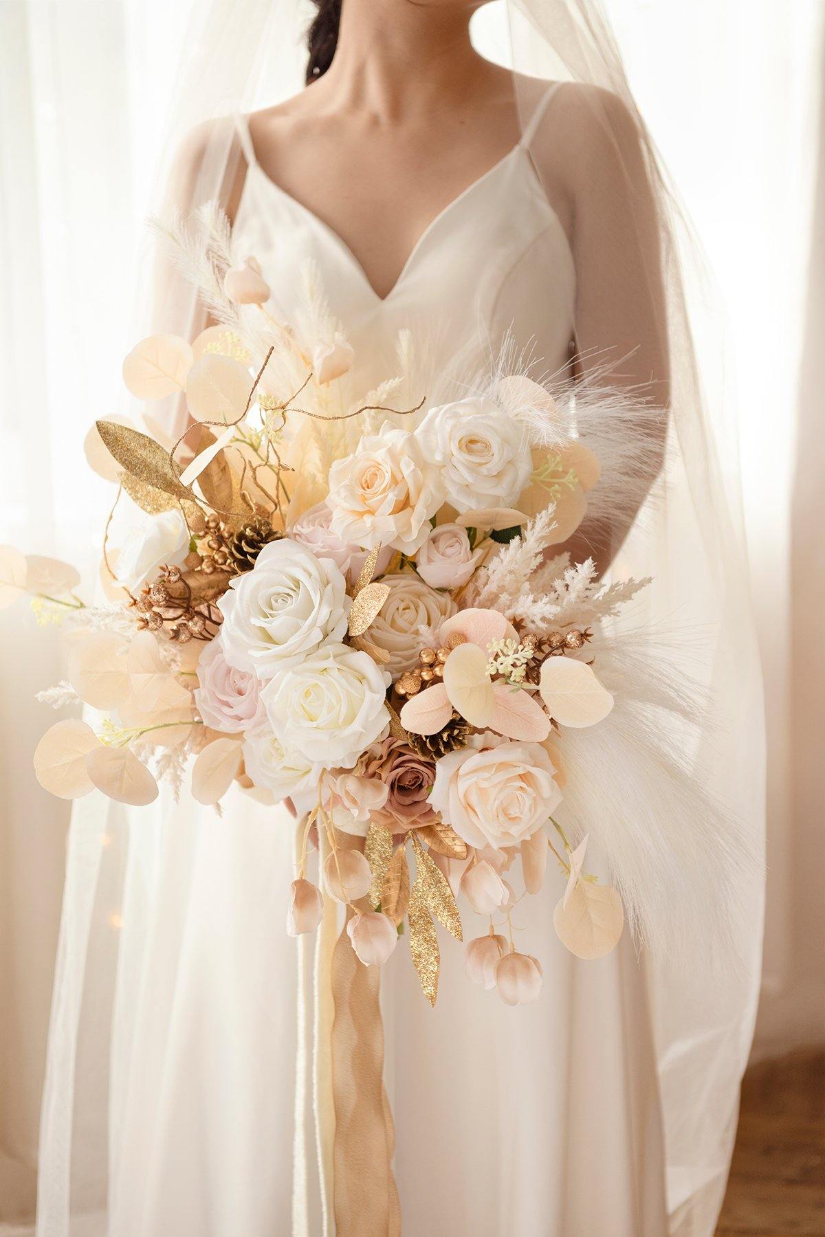 11"/17" Bridal Bouquet - White & Beige - lingsDev