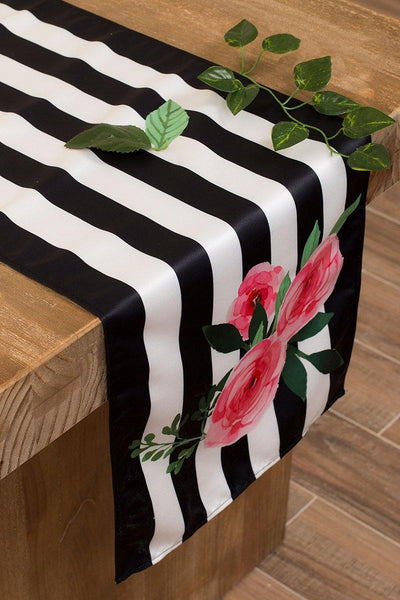 Floral Black and White Striped Table Runner - Ling's moment