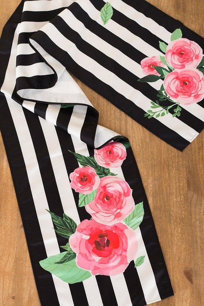 Floral Black and White Striped Table Runner - Ling's moment