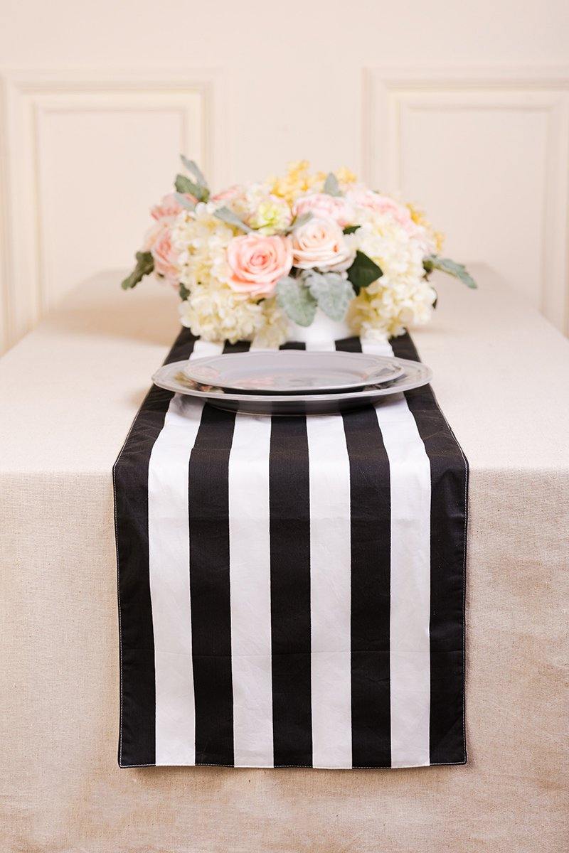 100% Cotton Black and White Striped Table Runner - Ling's moment