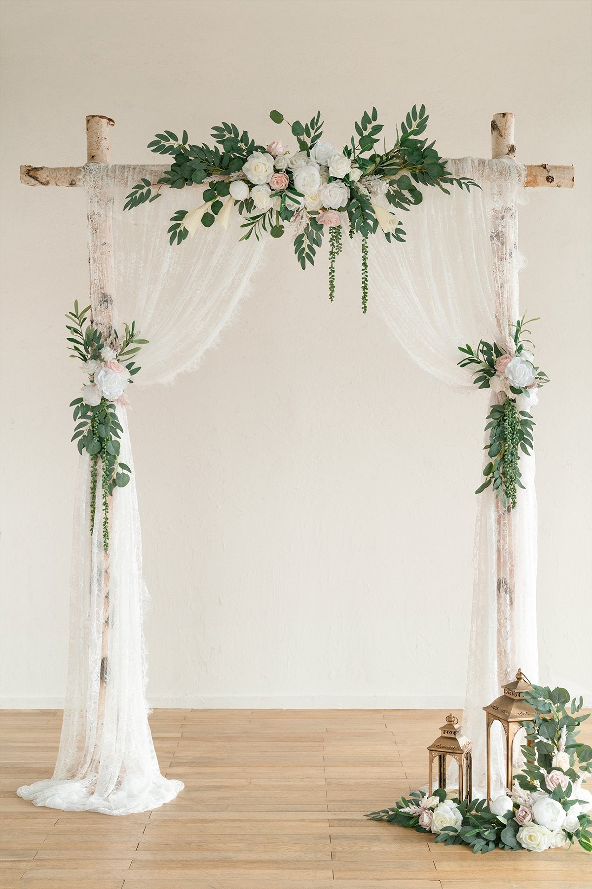 Flower Arch Décor with Lace Drape (Set of 3) - White & Sage - lingsDev