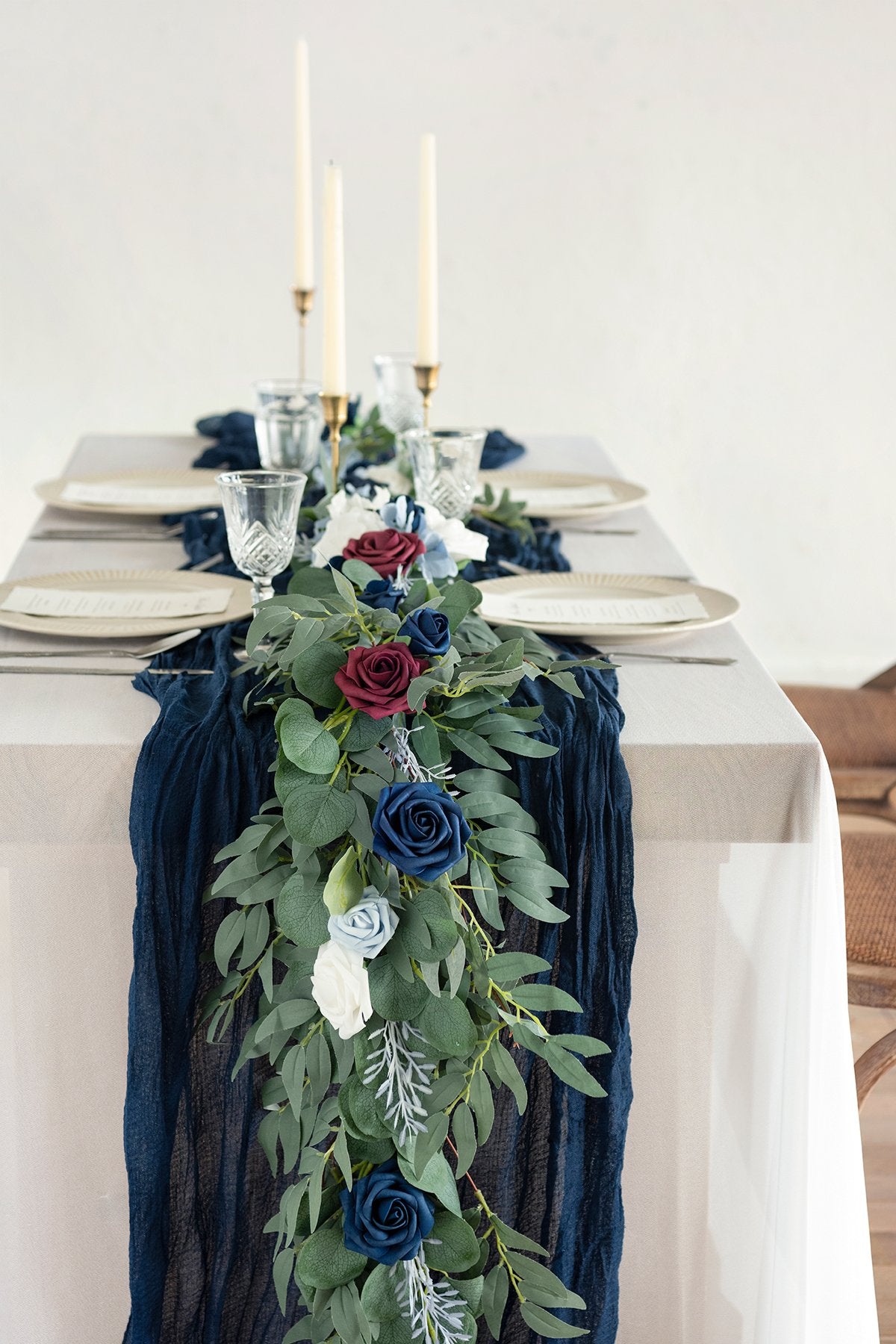 Rustic Gauze Cheesecloth Table Runner 30"w x 10FT - Burgundy & Navy Blue - lingsDev