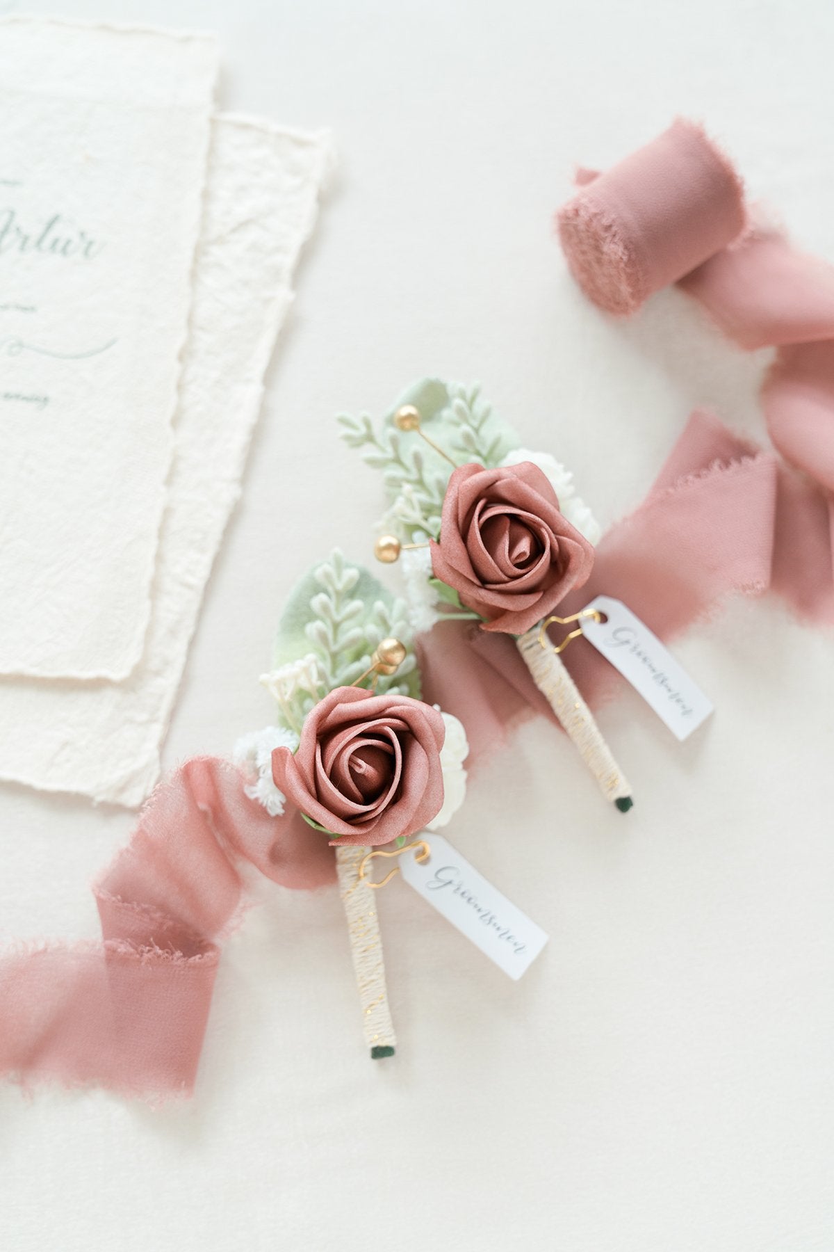 Wedding Boutonnieres - Dusty Rose & Cream