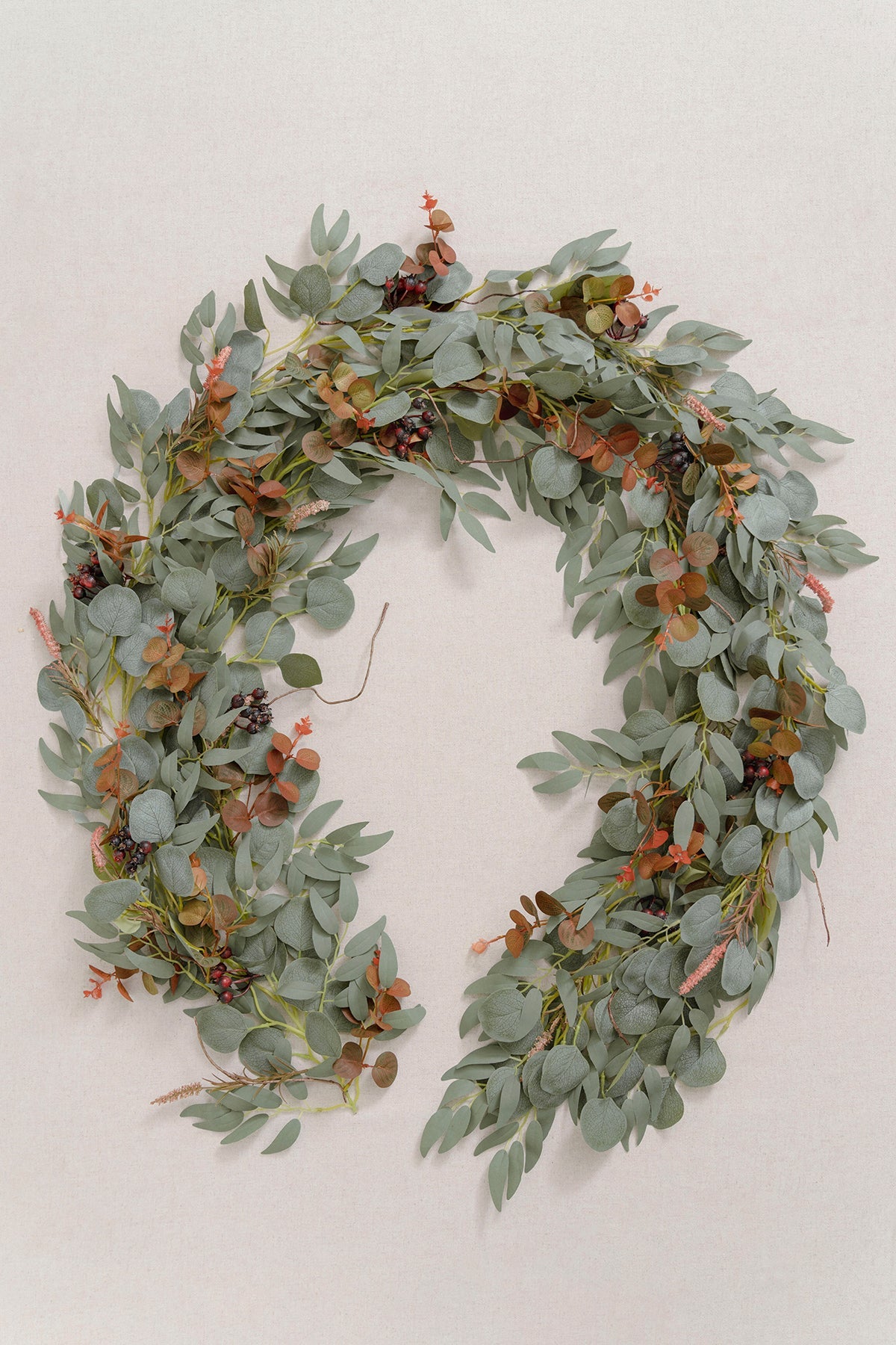 6ft Eucalyptus and Willow Leaf Garland with Filler Flowers in Sunset Terracotta