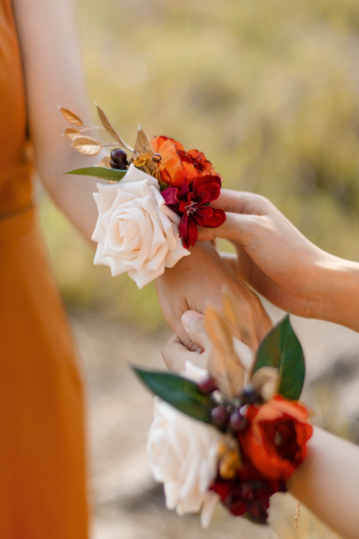 Wrist Corsages in Sunset Terracotta