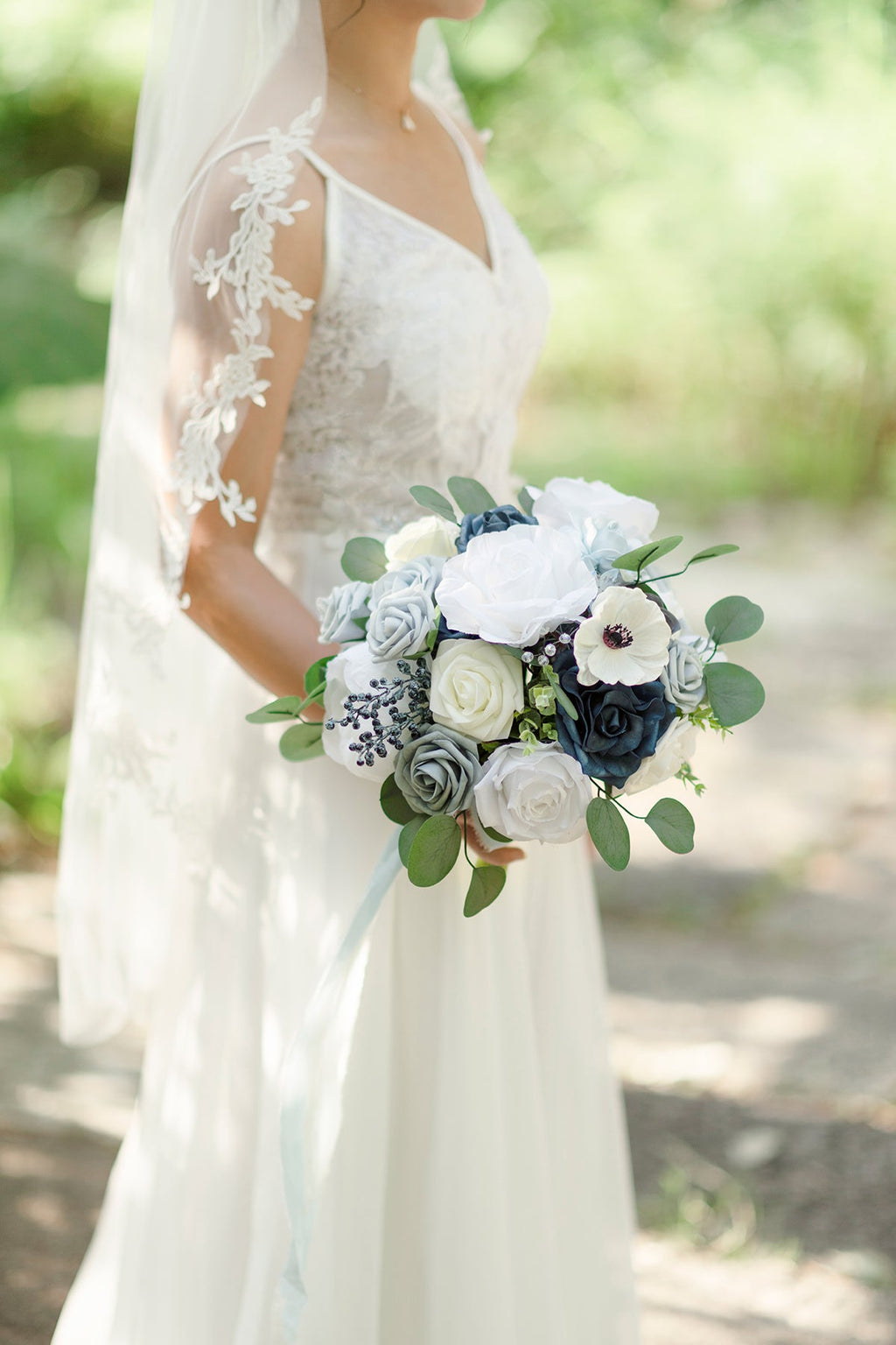 Medium Cascade Bridal Bouquet in Romantic Dusty Blue
