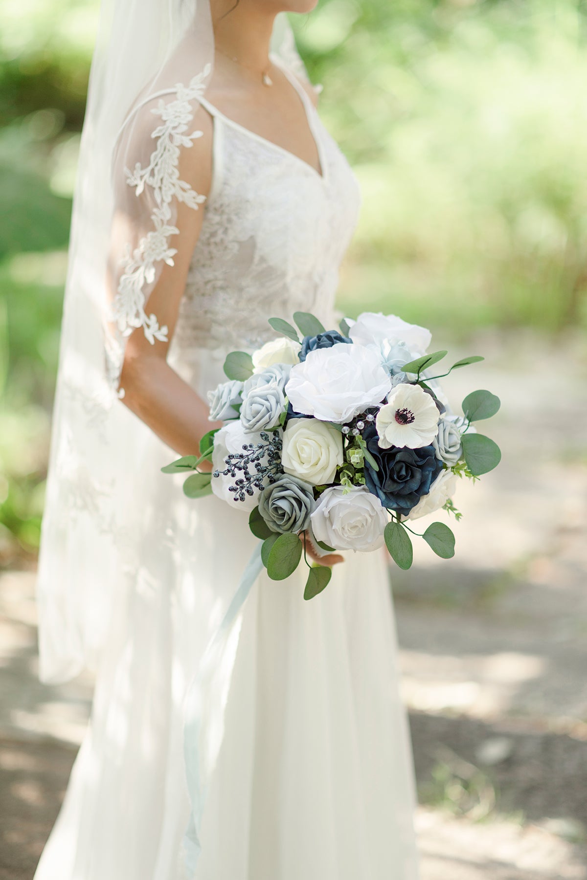 Medium Cascade Bridal Bouquet in Romantic Dusty Blue