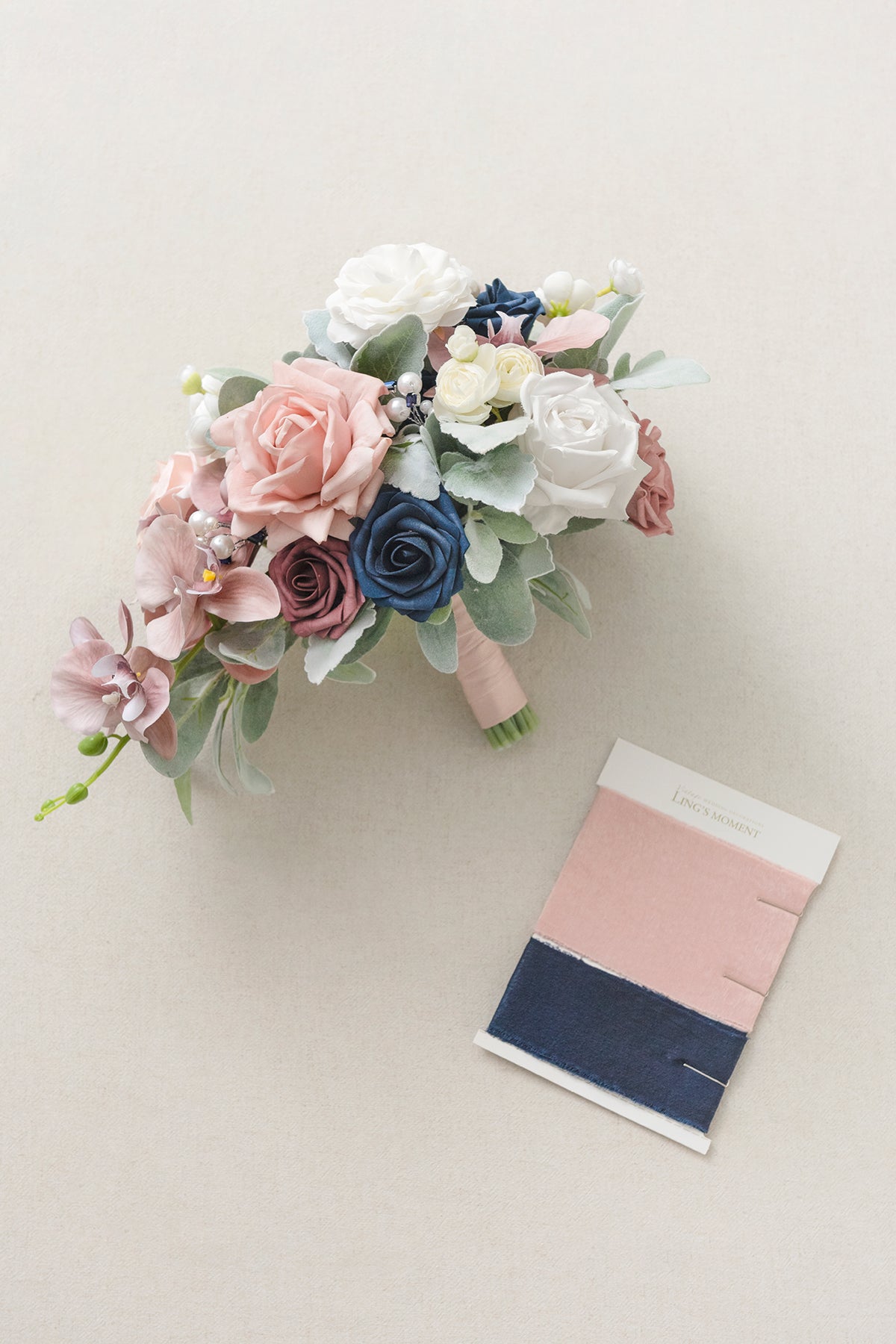 Standard Cascade Bridal Bouquet in Dusty Rose & Navy