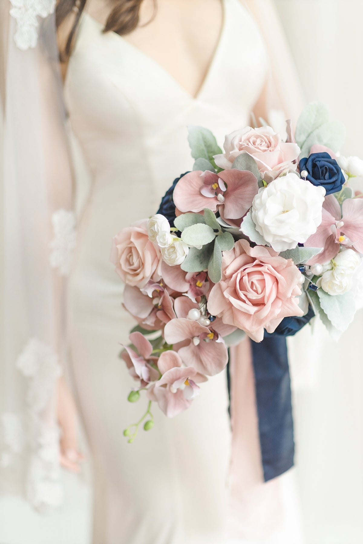 Standard Cascade Bridal Bouquet in Dusty Rose & Navy