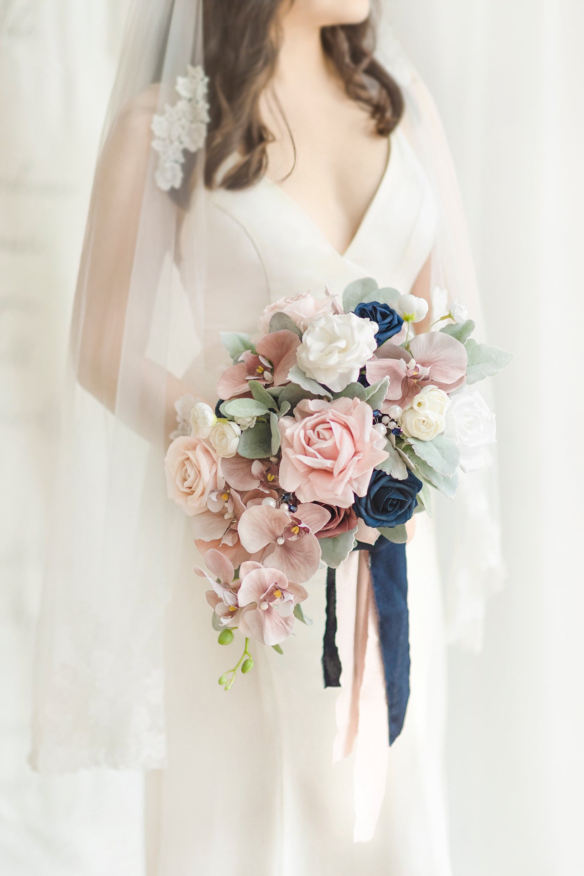 Standard Cascade Bridal Bouquet in Dusty Rose & Navy