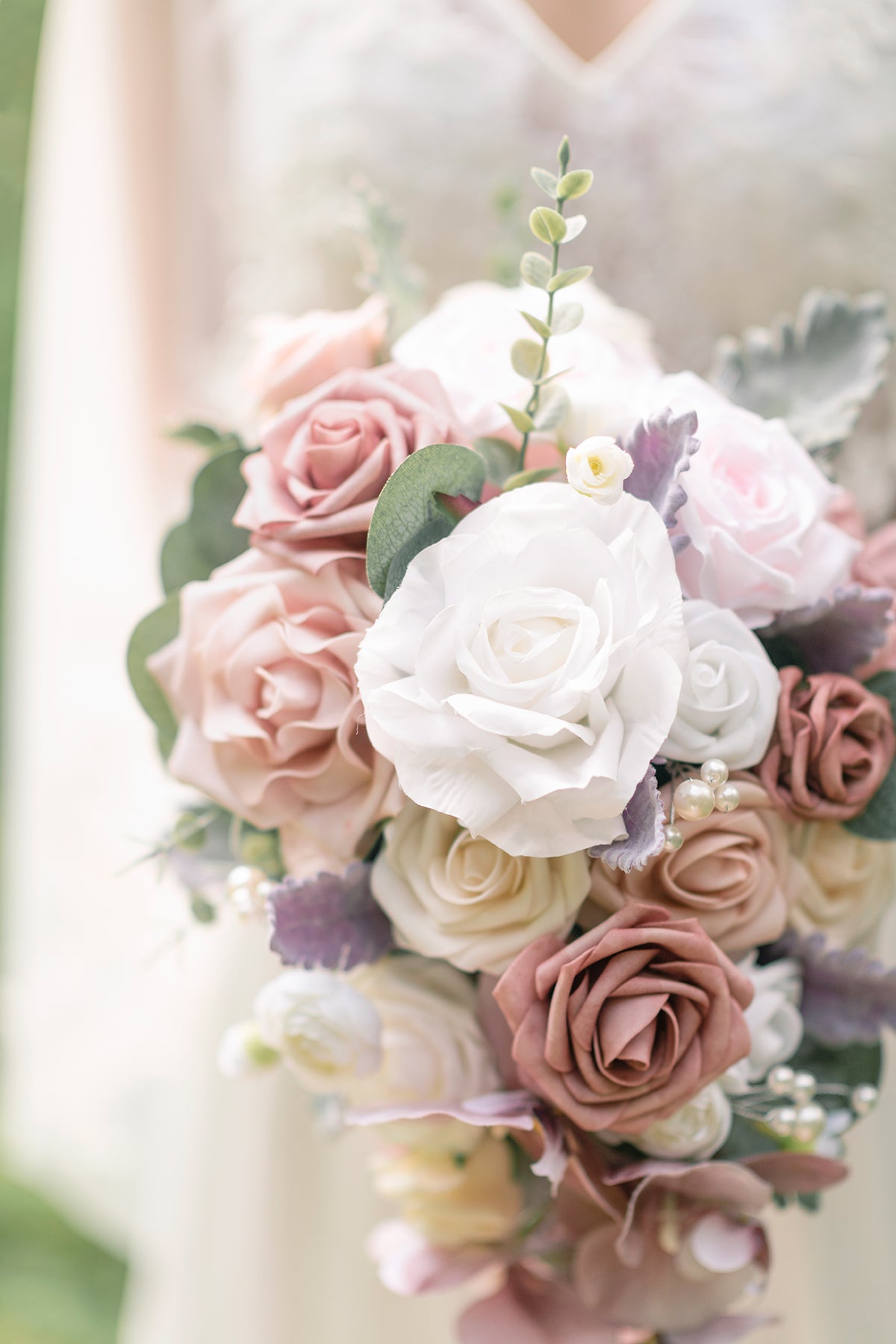 Micro Cascade Bridal Bouquets in Dusty Rose & Cream