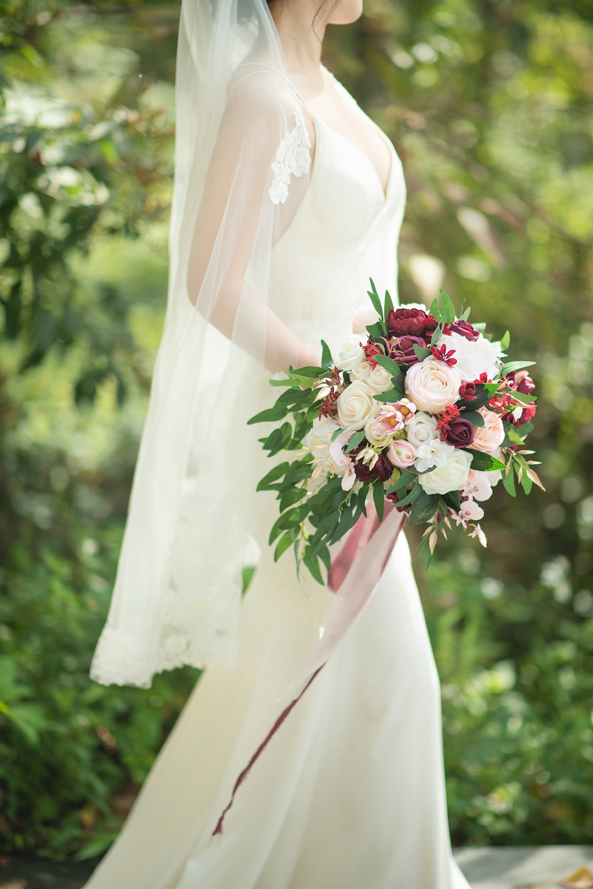 Standard Round Bridal Bouquets in Romantic Marsala