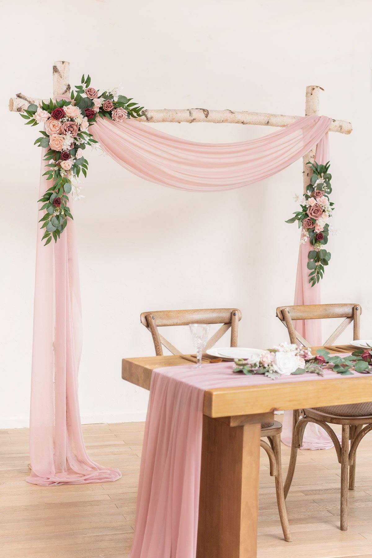 Flower Arch Décor with Sheer Drape (Set of 2) - Delicate Dusty Rose - lingsDev