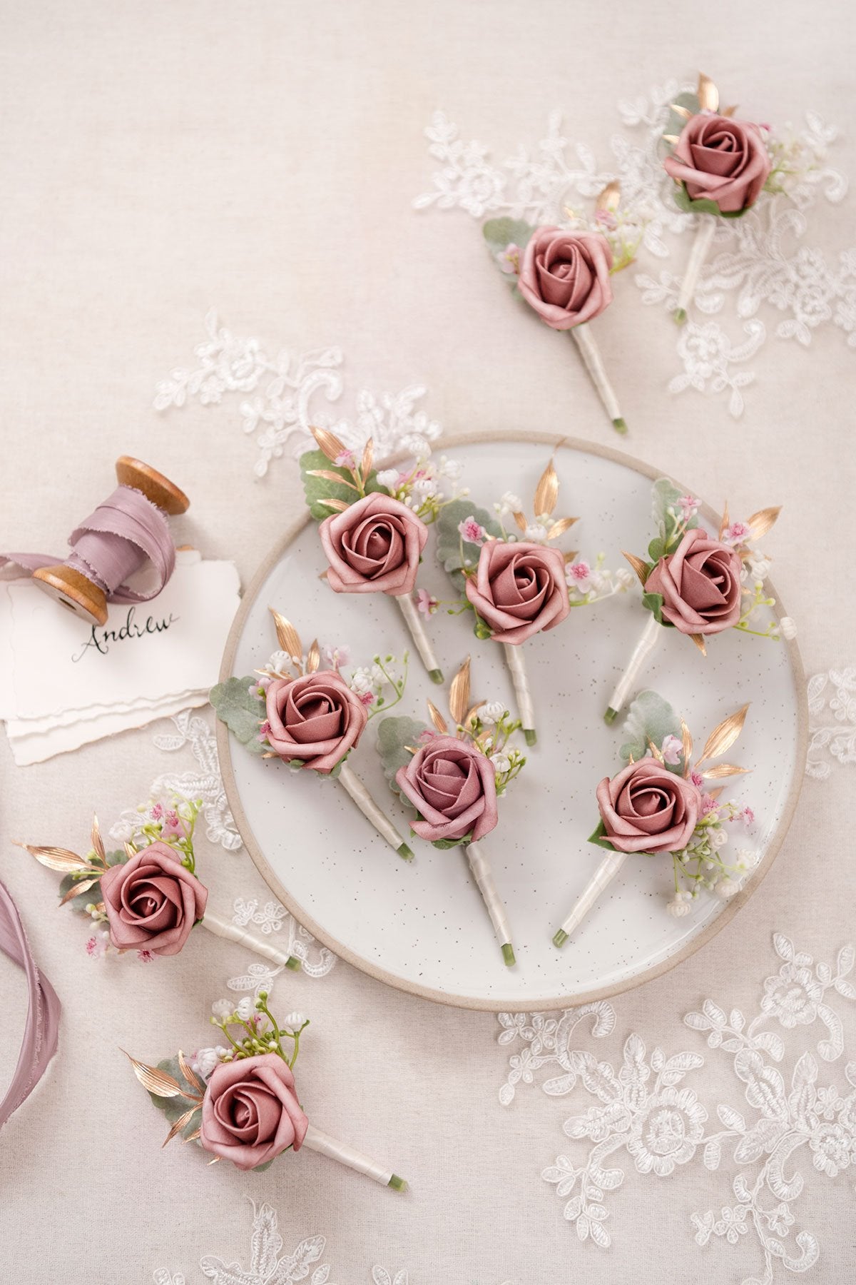 Wedding Boutonnieres - Dusty Rose & Cream