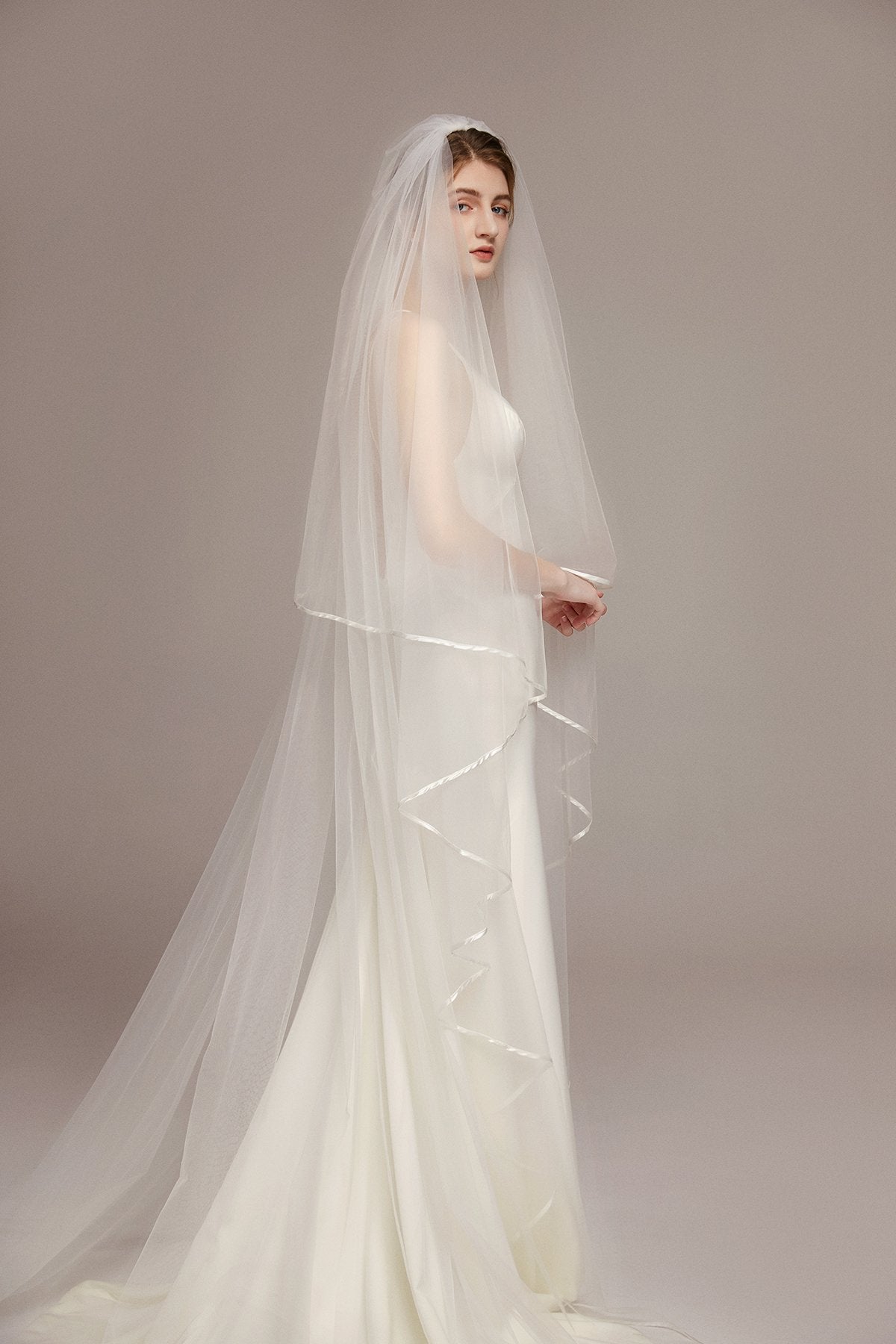Two Tier Angel-Cut Satin Trim Chapel Veil with Comb - lingsDev