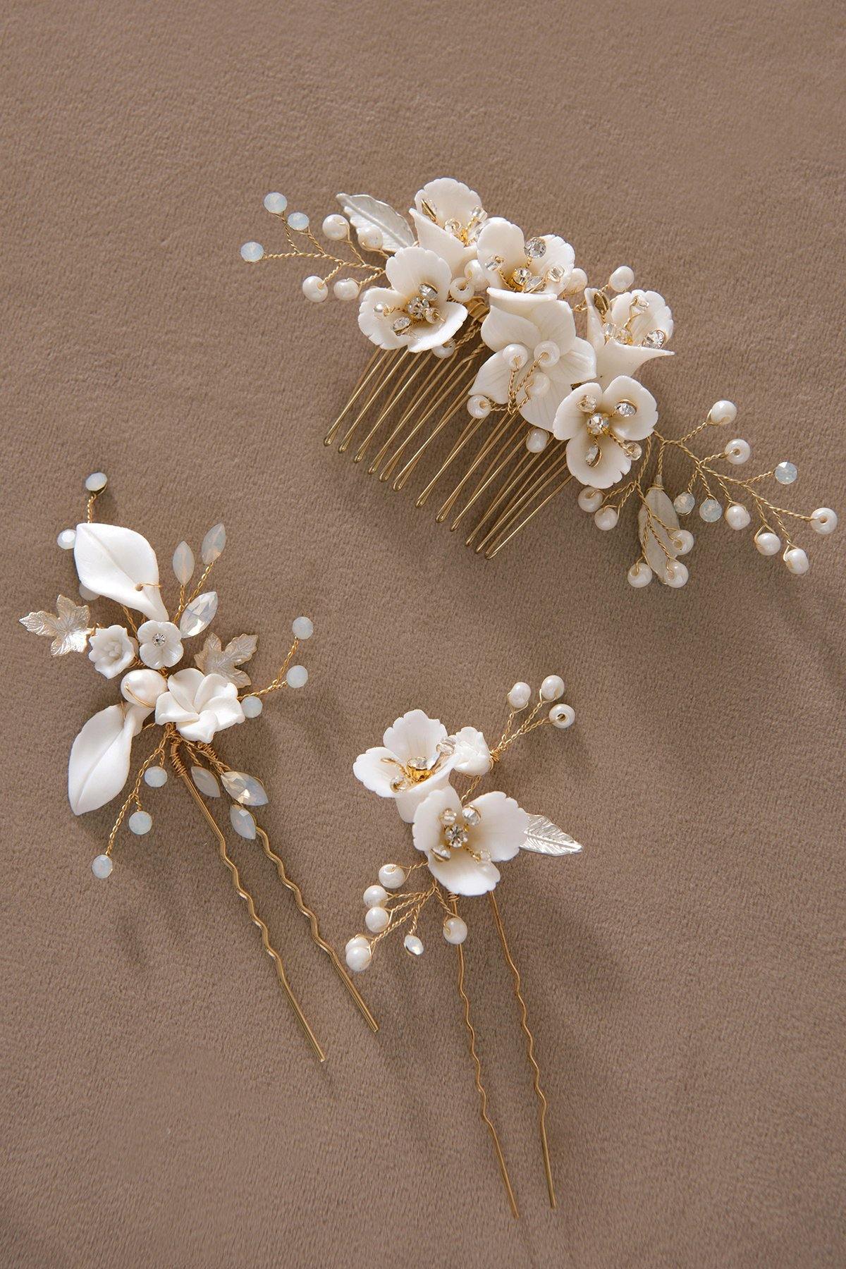 Elegant Polymer Clay Flower Hair Comb & Pins (Set of 3) - lingsDev