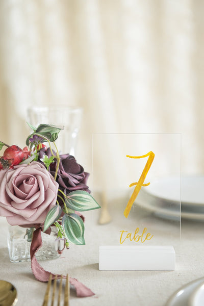 Gold Printed Acrylic Table Numbers with White Wood Stands - lingsDev