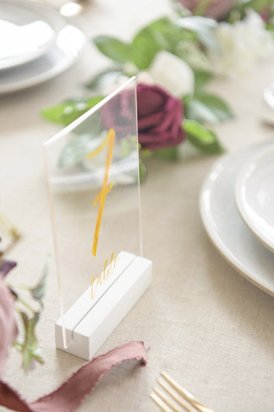 Gold Printed Acrylic Table Numbers with White Wood Stands - lingsDev