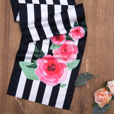 Floral Black and White Striped Table Runner - Ling's moment