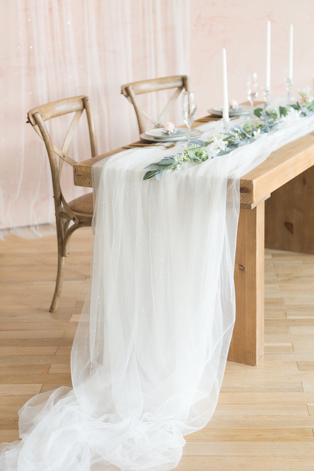 30 x 195 Inch Tulle Table Runner with Light String (16FT, Shimmer White) - lingsDev