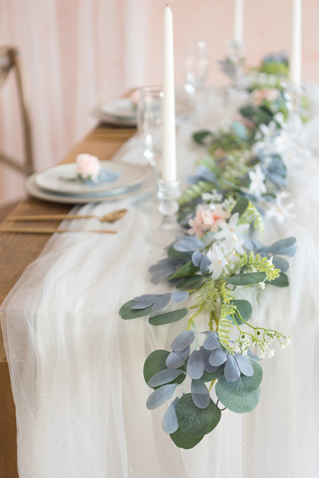 30 x 195 Inch Tulle Table Runner with Light String (16FT, Shimmer White) - lingsDev