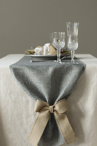 Faux Burlap Gray Table Runner with Burlap Bows - Ling's moment