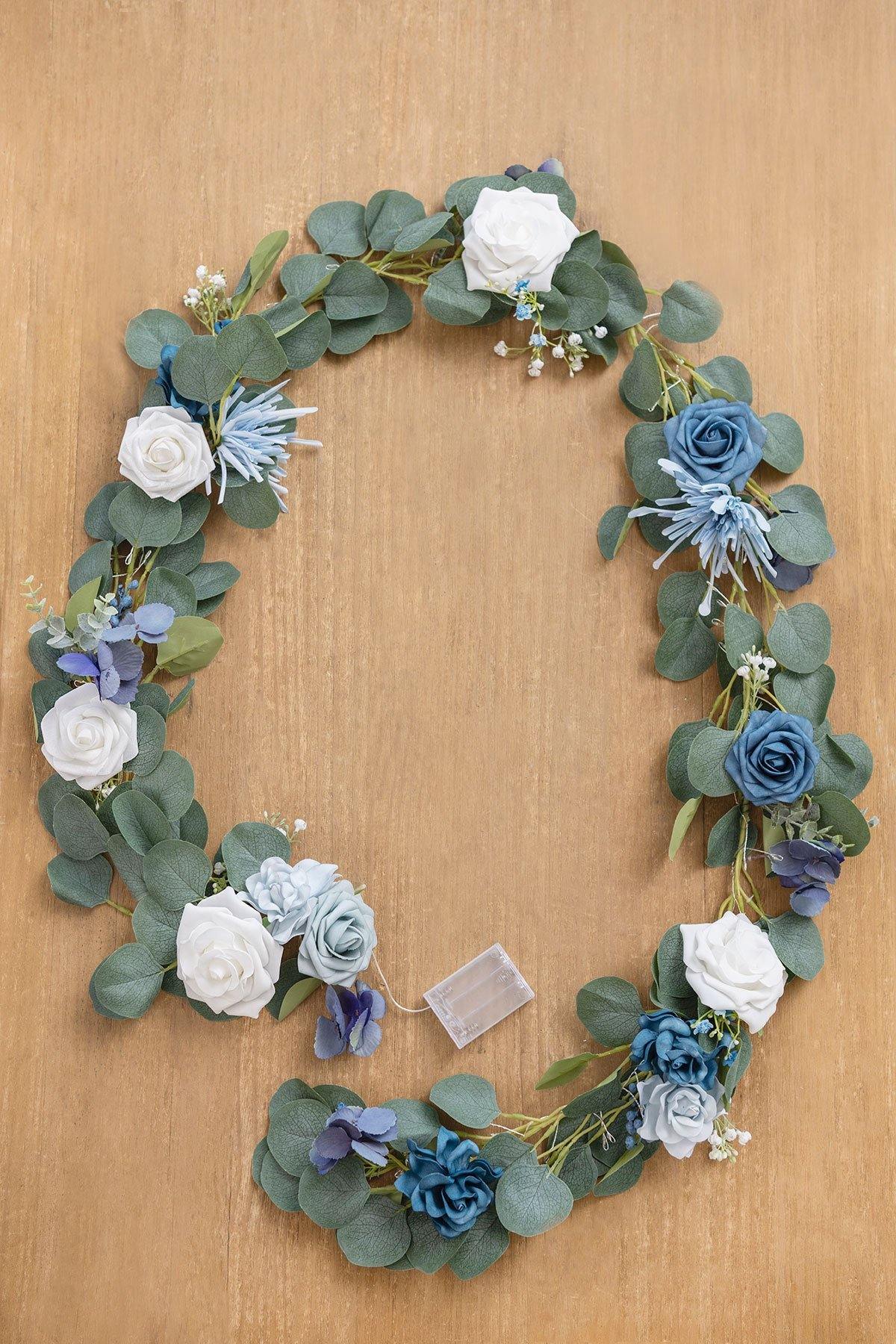 Eucalyptus Flower Garland with Fairy Lights 6.5FT - Dusty Blue - lingsDev