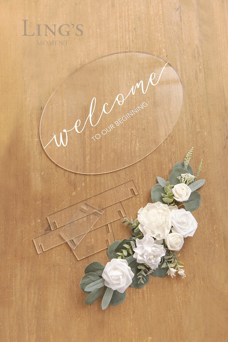 Acrylic Welcome Sign with Flower Swag - White - lingsDev