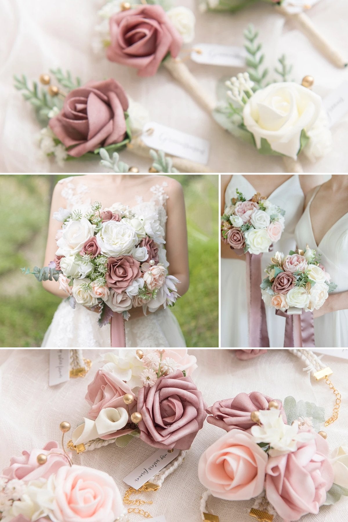 Dusty Rose & Cream Personal Flowers  Package | Bouquets + Wrist Corsages + Boutonnieres