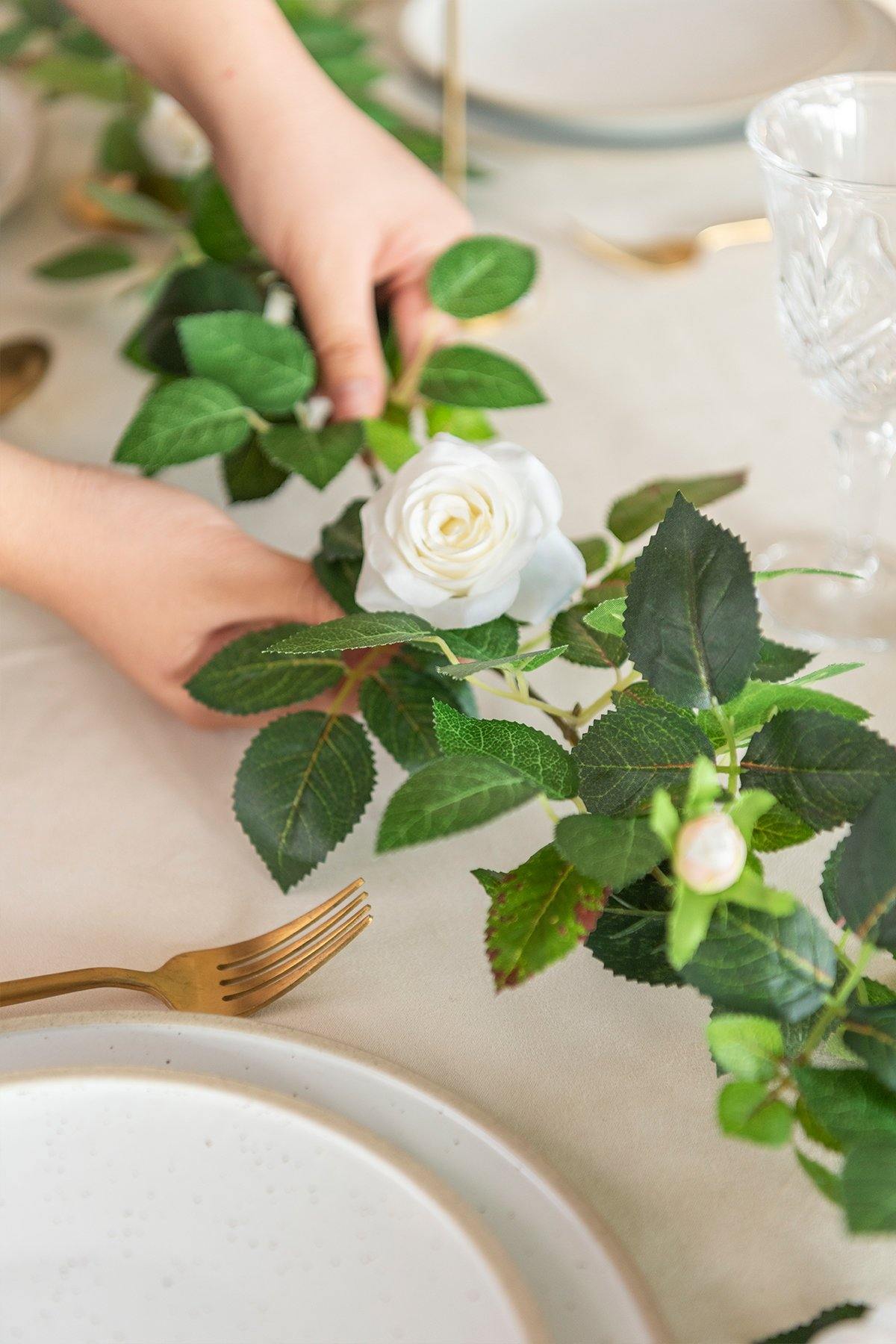 Rose Leaf Greenery Garland with Mini Roses 6.5FT (Set of 2) - Ivory - lingsDev