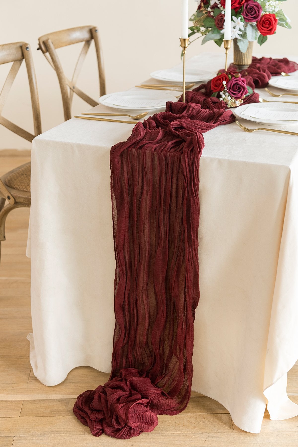 Rustic Gauze Cheesecloth Table Runner 30"w x 10FT - Burgundy & Navy Blue - lingsDev