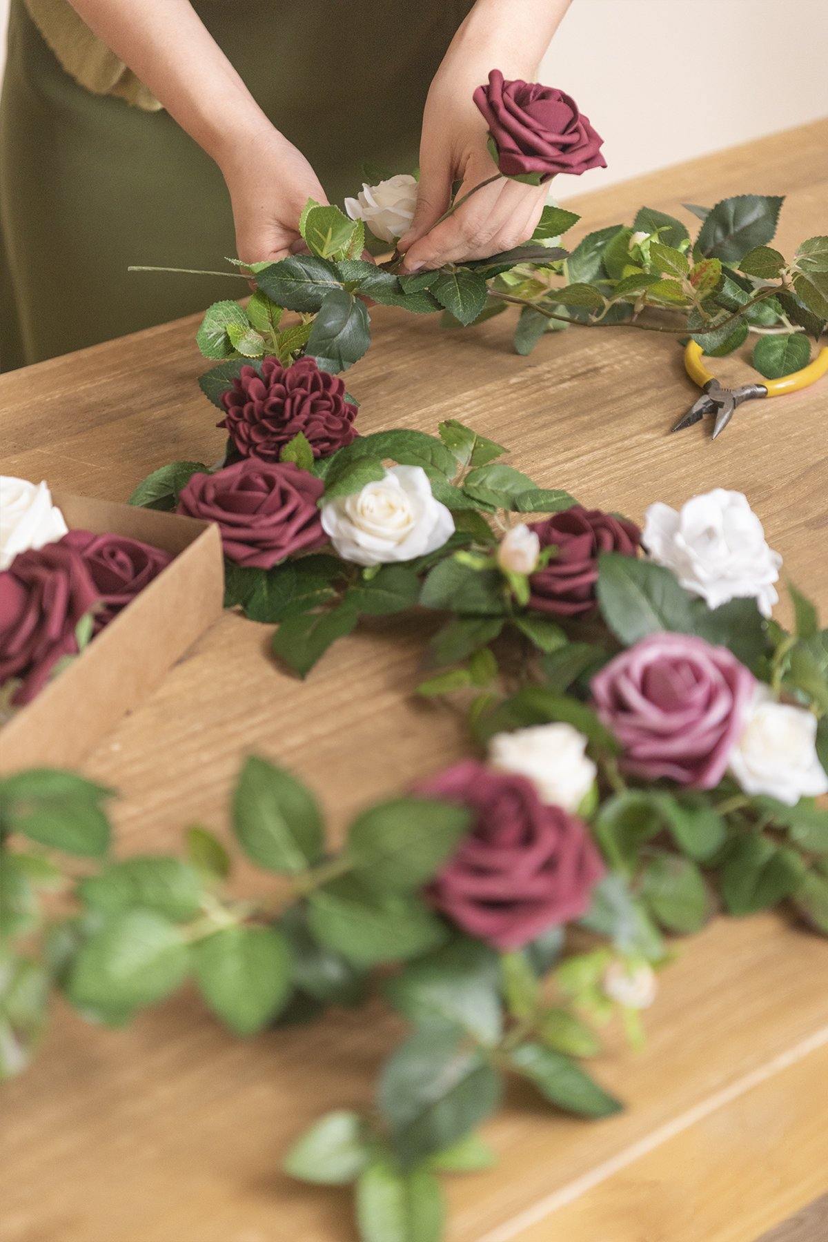 Rose Leaf Greenery Garland with Mini Roses 6.5FT (Set of 2) - Ivory - lingsDev